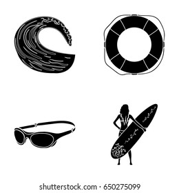 Oncoming wave, life ring, goggles, girl surfing. Surfing set collection icons in black style vector symbol stock illustration web.