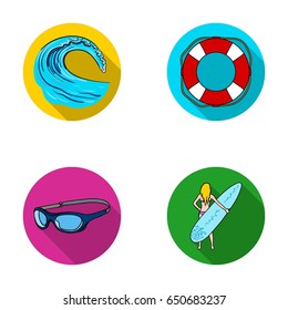 Oncoming wave, life ring, goggles, girl surfing. Surfing set collection icons in flat style vector symbol stock illustration web.