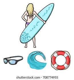 Oncoming wave, life ring, goggles, girl surfing. Surfing set collection icons in cartoon style vector symbol stock illustration web.