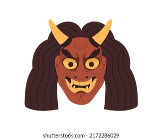 Ondeko, devils noh mask. Angry monsters face for Japan kabuki theater. Evil demon head with horns, hair for Japanese folk theatrical festival. Flat vector illustration isolated on white background