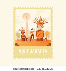 Ondel-ondel festival celebrate of Jakarta anniversary flat illustration on postage template