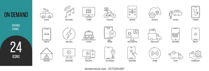 On-demand icon set. Containing streaming, food delivery, instant access, online ordering, video on-demand, subscription, car rental and more.