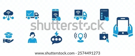 On-demand icon set. Containing streaming, food delivery, instant access, online ordering, video on-demand, subscription, car rental, telemedicine and more. Solid vector icons