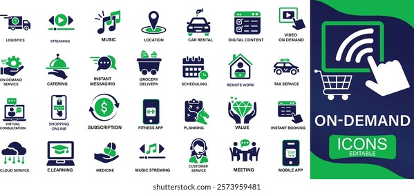 On-demand icon set. streaming, food delivery, instant access, online ordering, video on-demand, subscription, car rental, easily change the color