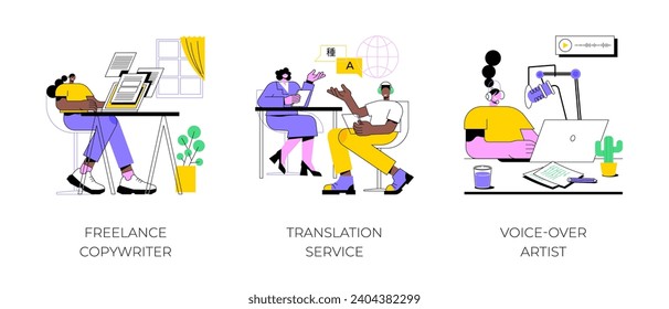On-demand services isolated cartoon vector illustrations set. Freelance copywriter work with laptop, professional translation online, voice over artist service, recording audio vector cartoon.