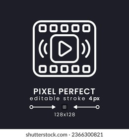 On-demand streaming white linear desktop icon on black. Subscription-based provider. Media service. Pixel perfect 128x128, outline 4px. Isolated user interface symbol for dark theme. Editable stroke