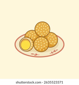 Onde-onde é uma bola de arroz pegajoso indonésio preenchida com pasta de feijão mungo e revestida com sementes de gergelim.
