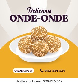 onde-onde. Indonesian traditional food. round snack food with sesame seed all around. sweet side dishes. dessert plating on the top of plate. promo banner. vintage design. authentic street junk food