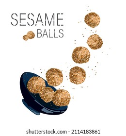 Onde-onde.Sesame balls of glutinous flour falling into a bowl.Traditional Indonesian cuisine.Asian desserts drawn in cartoon realistic style on a white background.Vector food illustration