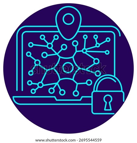 On-Device AI Security icon. Vector thin line illustration on a round dark blue background. Secure local processing of data (neural network) on a laptop, ensuring geolocation privacy (padlock, map pin)