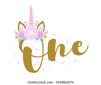 One (1.) Birthday Baby girl first year anniversary. Princess Queen. Toppers for birthday cake. Number 1. Good for cake toppers, T shirts, clothes, mugs, posters, textiles, gifts, baby sets. Unicorn.