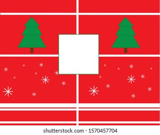 One of 25 Happy Christmas advent calendar with different christmas symbols for your design. Red background, white stroke, white square,green christmas trees and white snowflakes. Vector illustration.