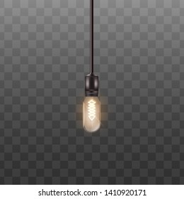 One 3d light bulb hanging on long wire in realistic style, vector illustration isolated on black transparent background. Retro incandescent  lamp design for loft or vintage interior