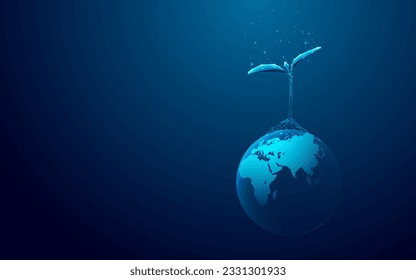 One Abstract Sprouting Plant on Earth Globe. Eco-friendly and Sustainability Development Concept on Blue Futuristic Background. Low Poly Wireframe Vector Illustration with Glowing Connected Dots.