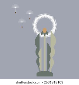 One abstract white dandelion flower illustration in geometric style with flying seeds 
