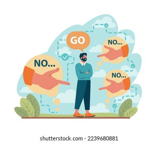 One against all. One character standing out of the crowd, person against collective public opinion. Uniqueness, competition and leadership idea. Flat vector illustration