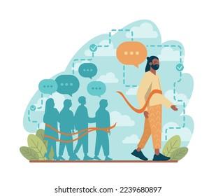 One against all. One character standing out of the crowd, person against collective public opinion. Uniqueness, competition and leadership idea. Flat vector illustration