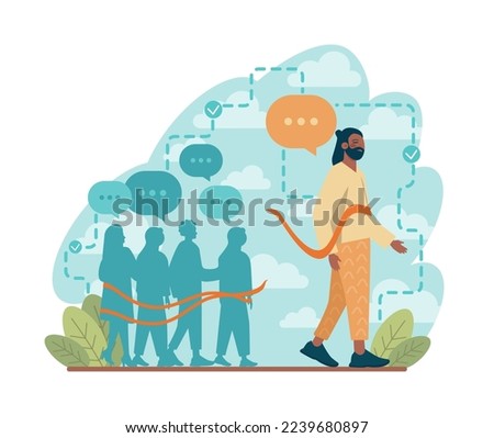 One against all. One character standing out of the crowd, person against collective public opinion. Uniqueness, competition and leadership idea. Flat vector illustration