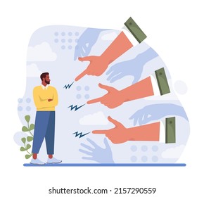 One against all concept. One character standing out of the crowd, person against collective public opinion. Uniqueness, competition and leadership idea. Flat vector illustration