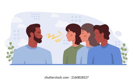 One against all concept. One character standing out of the crowd, person against collective public opinion. Uniqueness, competition and leadership idea. Flat vector illustration
