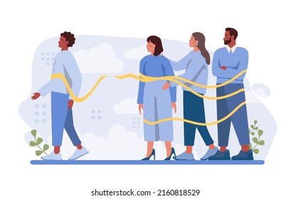 One against all concept. One character standing out of the crowd, person against collective public opinion. Uniqueness, competition and leadership idea. Flat vector illustration