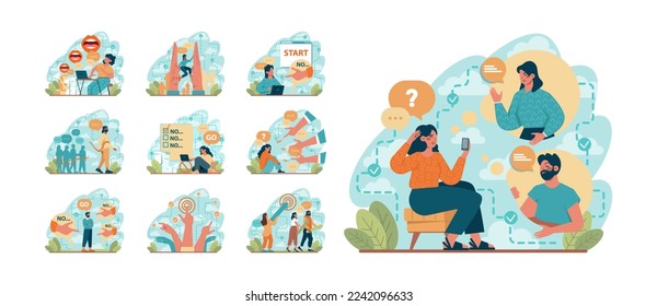 One against all concept set. One character standing out of the crowd, person against collective public opinion. Uniqueness, competition and leadership idea. Flat vector illustration