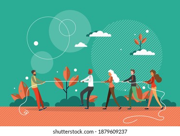 One against all concept vector illustration. One man pulls rope against many people. Competition and leadership in business. Man stand out from crowd. Tug of war competition