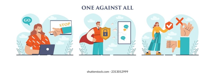 One against all set. One character standing out of the crowd, person against collective public opinion. Uniqueness, competition and leadership idea. Flat vector illustration