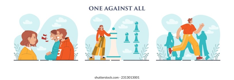Uno contra todo. Un personaje sobresaliendo de la multitud, una persona contra la opinión pública colectiva. Unicidad, competencia y idea de liderazgo. Ilustración vectorial plana