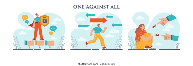 Uno contra todo. Un personaje sobresaliendo de la multitud, una persona contra la opinión pública colectiva. Unicidad, competencia y idea de liderazgo. Ilustración vectorial plana