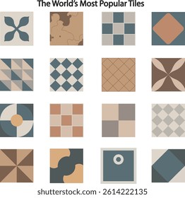 One for All Tiles Design. 16 Different Types Of Tile Designs in The Only One Vectors. They feature a variety of geometric patterns, colors, and arrangements, creating a diverse collection of styles