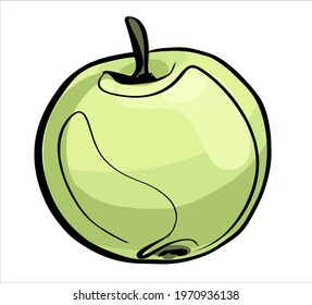 One apple, light yellow-green color. Illustration a freehand sketch in color, with a linear black outline.