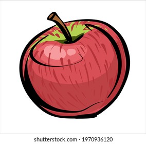 One apple without leaves, red with a small green speckled. Illustration a freehand sketch in color, with a linear black outline.