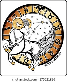 One Aries  rides behind them are symbols of all zodiac signs Horoscope circle. On a white background.Graphic  Illustration.  