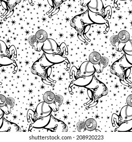 One Aries sheep on stars background in seamless pattern.Symbol 2015 year.Black and white.Use as background,backdrop, Wallpaper, fabric,wrapping paper.Vector .