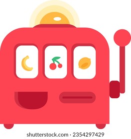One armed bandit, slot machine with spinning fruits on screen. Gambling red prize fortune device. Casino and gambling device. Simple flat vector icon isolated on white background