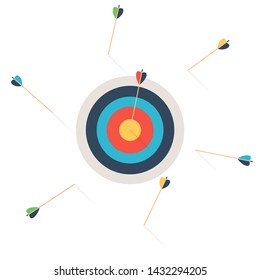 One arrow hits the target, all other arrows miss the target. Vector illustration isolated on white background