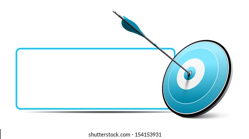 One arrow hitting the center of a red target. Vector image over white with blank sign. Modern design for business advice or excellence.