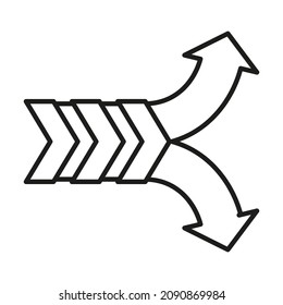 Ein Pfeil, der sich in zwei Pfeile trennt. Gabelpfeil am Ende. Einfaches Umriss-Schwarz-Weiß-Vektorsymbol. dünne Linien