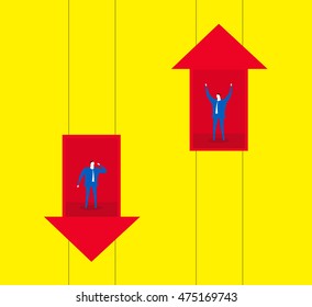 One arrow upward, one downward / Two elevators, one up and one down.