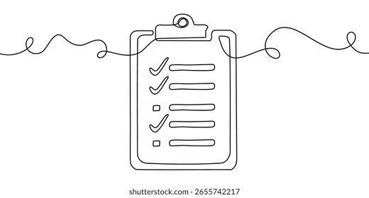 One art line continuous icon document list illustration single check clipboard. Line one art survey data checklist test pen paper vector business report doodle notebook agenda sketch board form.