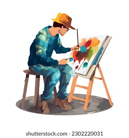 One artist sitting, painting on easel icon isolated