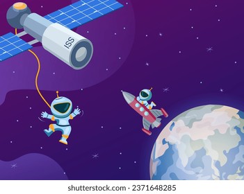 One astronaut reaching International Space Station to replacing another astronaut. Vector illustration of space. Space exploration concept