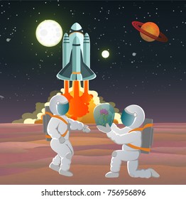 One astronaut in a white spacesuit gives another a flower in a protective container, standing on one knee against the backdrop of a spacecraft taking off. Romance and love. Space travel. Vector 