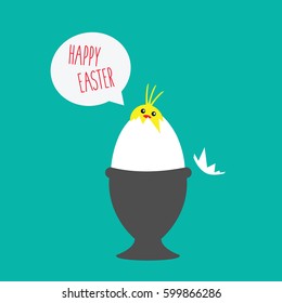 one Baby cute sweet little Chick vector isolated on greeting card & invitation with Speech bubble on flat design modern in egg cup with text happy easter beautiful illustration