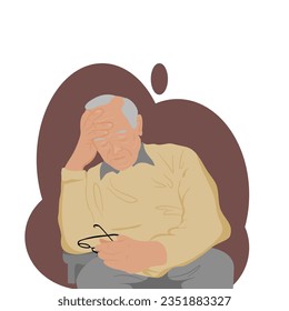 One bald old man sitting down, right hand holding chin, left hand holding eyeglasses is feeling downfall on brown background .Vector isolate flat design concept for depression, lonely, depression.