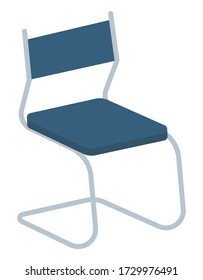 One basic piece of furniture, chair for room furnishing. Empty chair with blue back and metal frame and leg. Object isolated on white background. Vector illustration of type of seat in flat style