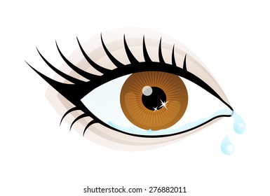 One beautiful brown color caucasian female eye wide open with eyebrow and eyelash cry. Crying eye icon, simple drawing graphic design, vector art image illustration, isolated on a white background