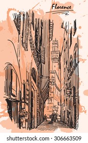 One of beautiful narrow streets in Florence leading to Palazzo Vecchio. Sketch style drawing imitating ink pen drawing with a grunge background on a separate layer. EPS10 vector illustration.