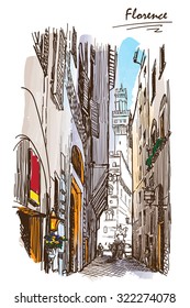 One of beautiful narrow streets in Florence leading to Palazzo Vecchio. Painted sketch imitating ink pen drawing above blurry watercolor. EPS10 vector illustration.